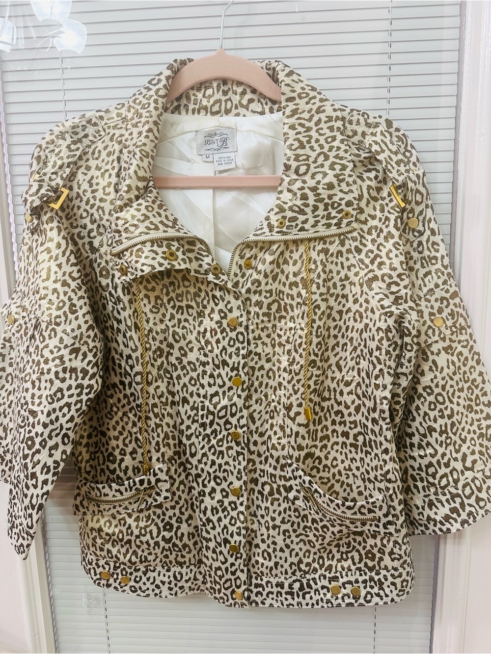 just be Leopard Print Drawstring Bomber Jacket - Cream/Tan